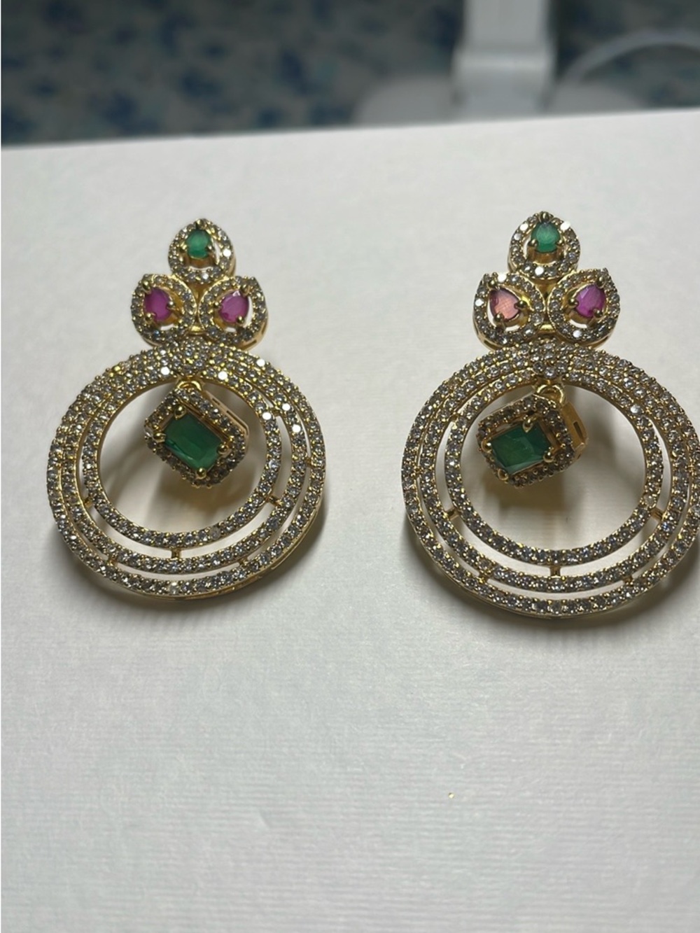 Gold-Plated Multi-Gem Hoop Drop Earrings - Green and Pink